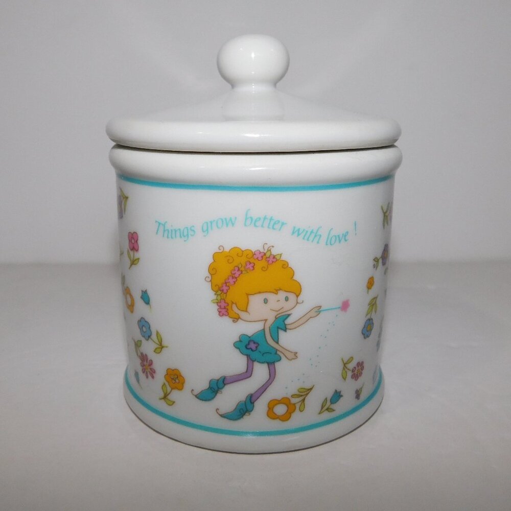 Vintage 80s Herself the Elf Apothecary Fine Porcelain Lidded Trinket Jar Japan